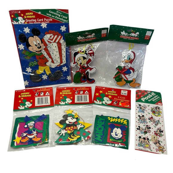 Vintage Disney Christmas Ornament Kurt Adler Gift Tag Puzzle Sticker Set Lot - Picture 1 of 10